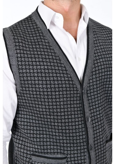 Kamalı Gri Erkek Çelik Örgü Düğmeli Cepli Kazayağı Desen Tüylenmeyen Triko Kışlık Kazak Yelek Gri