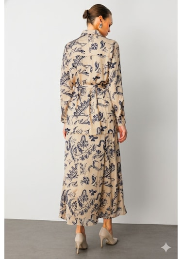 Beyaz Mizalle Ekru Desenli Evaze Uzun Saten Etek Ekru