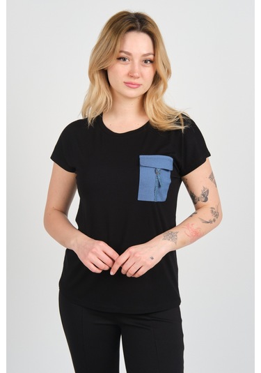 Sistas Kadın Düşük Kol Tek Cep Detaylı Bisiklet Yaka Bluz 24107 Siyah Siyah