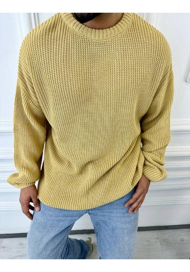 Kazak Oversize Çift Kat Örme Naturel Pamuk Bol Kesim Tüylenmeyen Salaş Triko Kazak Hardal