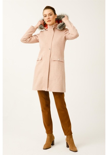 Yün Kumaş Fermuar Kapamalı Kapişonlu Kaban Pudra-pudra Pudra