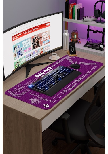 Ak 47 Siyah Kalaşnikov Cs Dikişli Kauçuk Oyuncu Mousepad - 90x40 Gaming Mouse Pad Ak-47 Mor