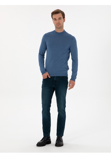 Cacharel Koyu Mavi Slim Fit Yün Karışımlı Çeyrek Balıkçı Basic Triko Kazak