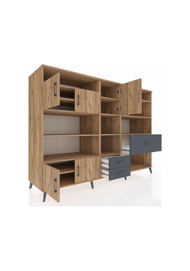 Kronos Dolap 13 Raflı 3 Çekmeceli 5 Kapaklı 220x59x163 Çam-çam/an Çam-çam/antrasit