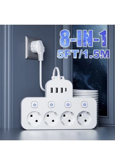 Besthome1 8 Adet Güç Şeridi 4 Ac Çıkışı 3 Usb 1 Type-c Siyah Kısa Kablo Bağımsız Anahtar