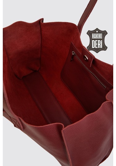 City Tote Hakiki Deri Omuz Çantası Bordo Smr9182 Bordo