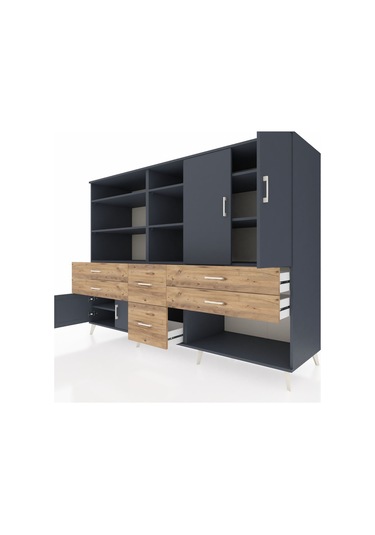 Kronos Dolap 10 Raflı 6 Çekmeceli 4 Kapaklı 220x59x163 Antrasit-a Antrasit-antrasit/çam