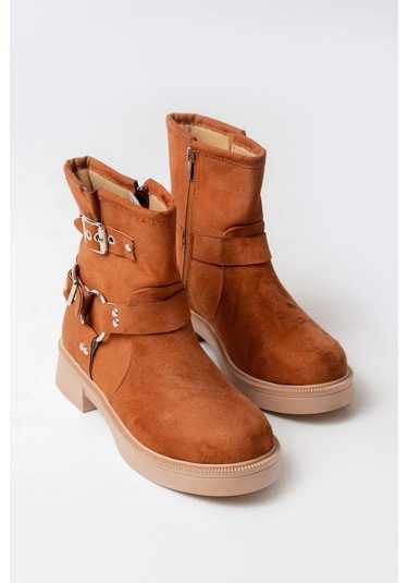 02-2013 Taba Süet Toka Aksesuarlı Fermuarlı Günlük Kadın Bot-taba.süet Taba