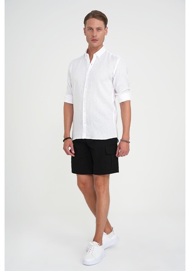 Comfort Fit Düğme Yaka Katlanır Kol %100 Keten Düz Beyaz Gömlek G 1595 Beyaz