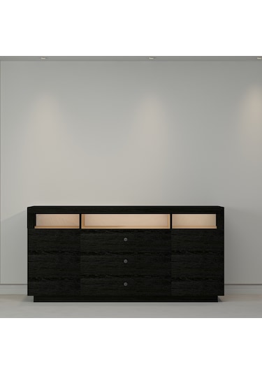 K003 Asil Led Işıklı, Dolaplı Ve Çekmeceli Konsol Ahşap Siyah Ahşap Siyah