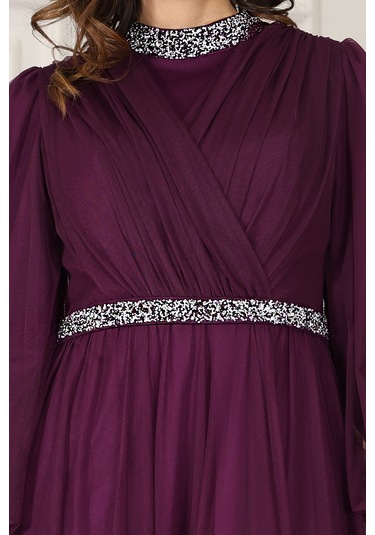 Senna Taş Detaylı Büyük Beden Şık Tesettür Abiye Mürdüm