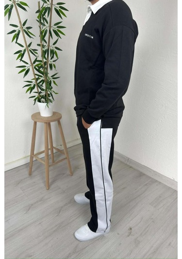 Explode - Erkek Siyah Polo Yaka Baggy Çizgili Günlük Takım Siyah