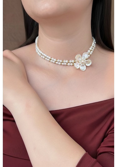 Doğal İnci Çiçek Choker Kolye