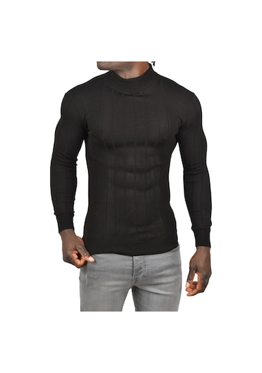 Deepsea Erkek Siyah Yarım Balıkçı Yaka Çizgili Tüylenmeyen Slim Fit Triko Kazak 2505491 Siyah