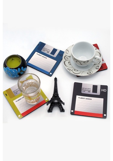 3.5 Disket Bardak Altlığı Seti Retro - 12 Adet - 4 Renk Çok Renkli