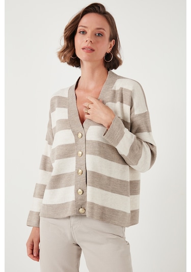 Lela Regular Fit Çizgili V Yaka Düğmeli Soft Akrilik Bayan Hırka 4615188 Vizon-Taş