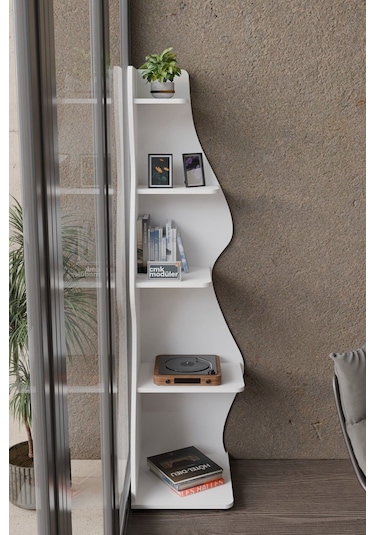 Wave 5 Raflı Dekoratif Kitaplık Dosya Rafı 180 Cm Kitaplık Beyaz