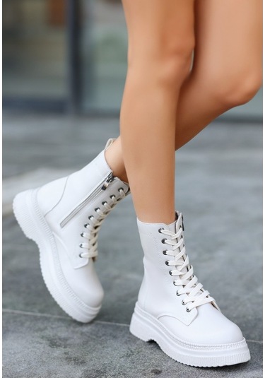 Rxn Bej Cilt Bağcıklı Suni Deri Yandan Fermuarlı İçi Pedli Bot Bej