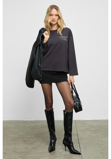 Grımelange Dazulu Kadın Yumuşak Kumaşlı Baskılı Uzun Kollu Antrasit T-shirt Antrasit