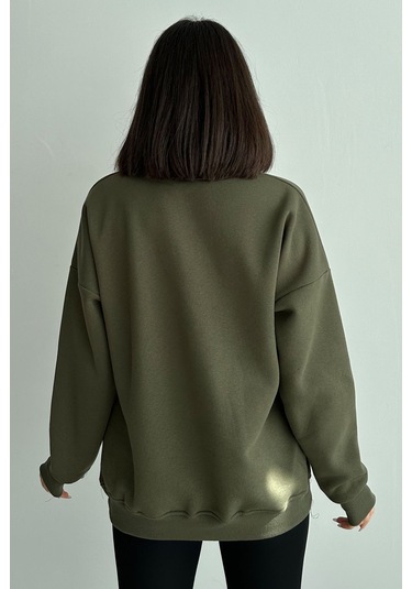 Kadın Haki Aslan Baskılı Oversize Bisiklet Yaka Sweatshirt Haki