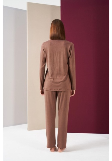 Pjs 26032 Kadın Boydan Düğmeli Patlı Uzun Kol Pijama Takım Karamel