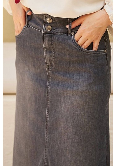 Neways 2252-Eteği Püsküllü Denim Etek Koyu Gri