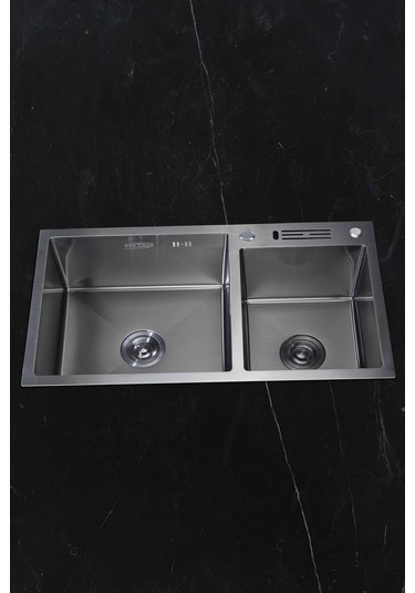 Sun Serisi %100 Krom 82x45 İki Göz Bıçak Yuvalı Paslanmaz Mutfak Eviyesi, Mutfak Lavabosu Siyah-düz