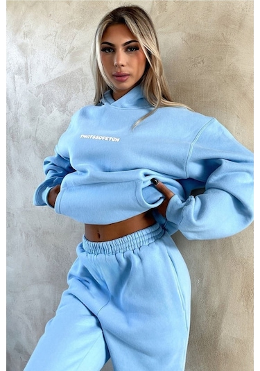 Bebe Mavisi That So Fetch Eşofman Takımı - Baskılı Oversize Kapüşonlu Şardonlu Bebe Mavisi
