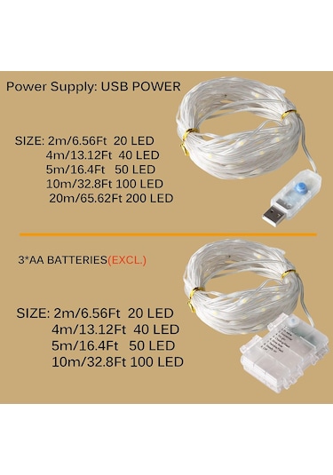 Led Dize Işıklar Pil Usb Powered Açık Bakır Tel Peri Işıklar Yeni Yıl Partisi Ev Düğün Bahçe Dekorasyon Için Noel Çelenk Usb Power 10m Sıcak Beyaz