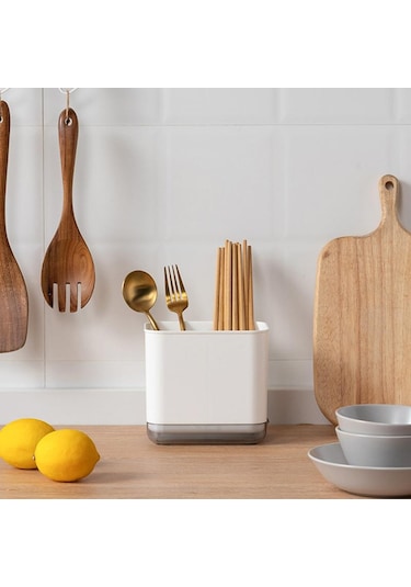 Gri Çok Fonksiyonlu Kaşık Çatal Çubuk Depolama Tutucu Kutusu Çift Katmanlı Çatal Drenaj Raf Organizatör Rafları Mutfak İçin