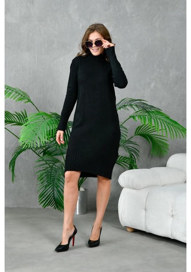 Kadın Balıkçı Yaka Kışlık Triko Elbise Siyah