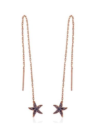 Gümüş Siyah Taşlı Deniz Yıldızı Zincirli Küpe Gold - Rose Gold