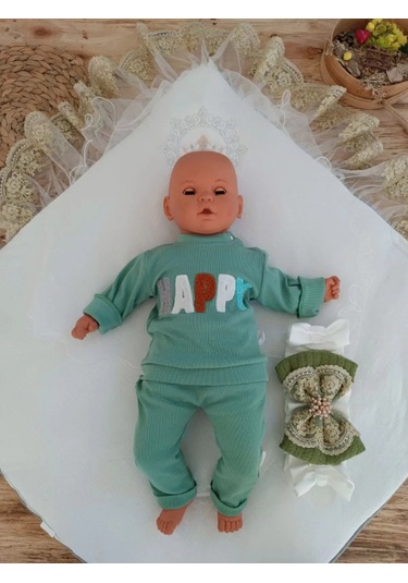 Yenidoğan Teri Cotton Taç Nakışlı Prizma Taş Kundak Bebek Battaniyesi Yeşil Çok Renkli