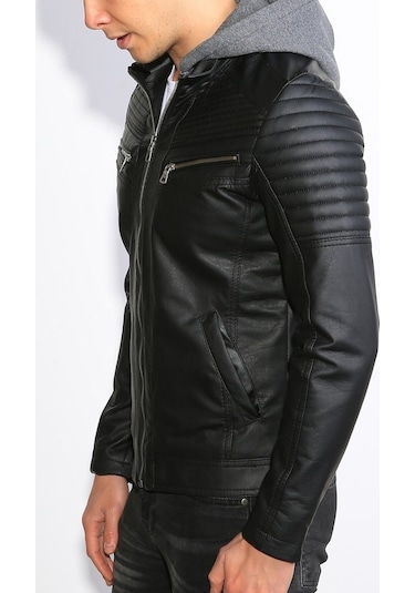 Delpino Dar Kesim Kapüşonlu Erkek Deri Ceket