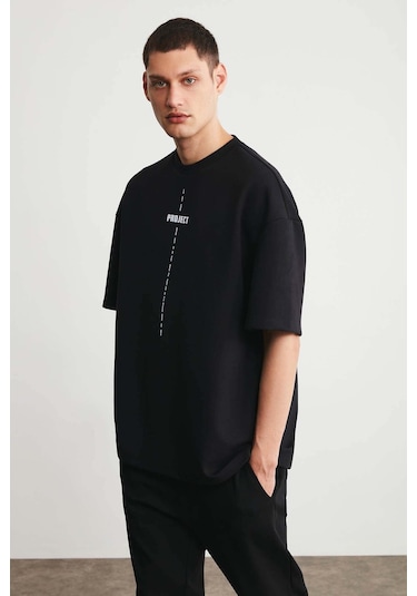 Grimelange Project Erkek Baskı Detaylı Oversize Fit %100 Organik Pamuk Örme Bisiklet Yaka Örme Siyah T-shirt