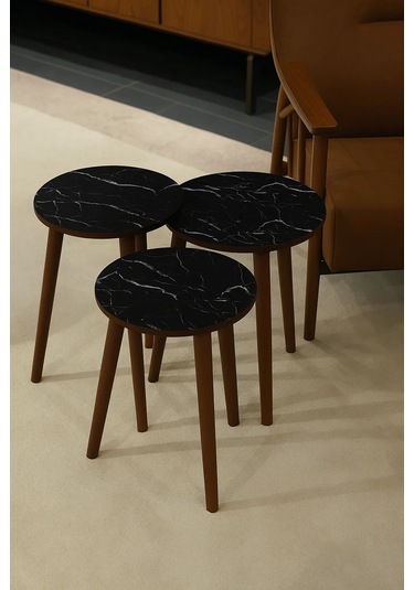 Madrid 3'lü Zigon Sehpa %100 Mdf Yuvarlak Siyah Mermer Desen