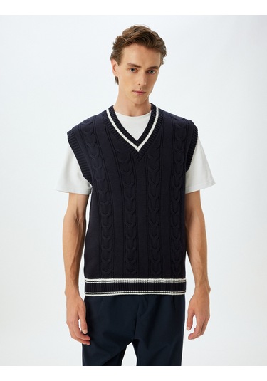 Koton Triko Süveter V Yaka Dokulu Kolsuz Pamuk Karışımlı Lacivert 5wam70139ht