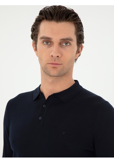 Cacharel Lacivert Slim Fit Yün Karışımlı Polo Yaka Basic Triko Kazak