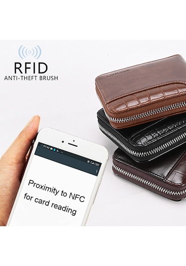 Sones Rfıd Hırsızlığa Karşı Korumalı Erkek Cüzdanı Çok İşlevli Kısa Fermuarlı Çanta Kahverengi