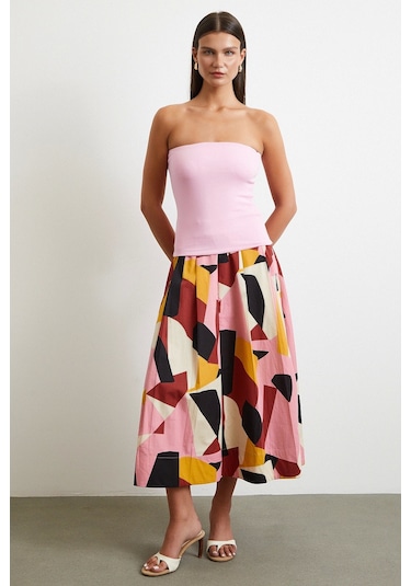 Desenli Midi Etek Pembe Pembe