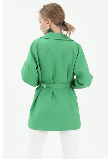 Düşük Omuz Kemerli Atlas Kumaş Blazer Ceket - Yeşil-yeşil Yeşil