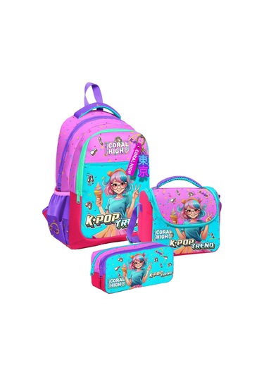 Coral High Üç Gözlü Pembe K-pop Dondurmalı Kız, Kız Çocuk, İlkokul Üçlü Okul Çanta Seti Çok Renkli
