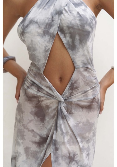 Enonireh Dekolteli Gri Uzun Elbise Gri