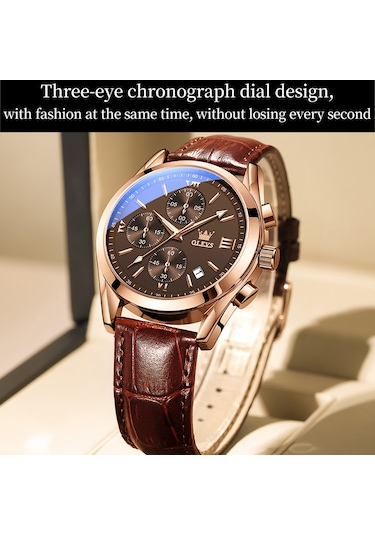 Olevs 2872 Erkekler Üç Göz Altı İğne Kronograf Su Geçirmez Kuvars Saat Kahve + Gül Altın