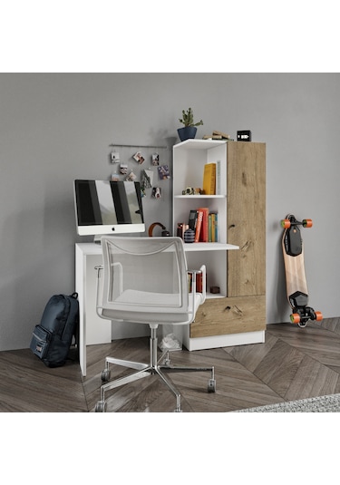 Merlin Mobilya Minör Çalışma Masası Ve 7 Bölmeli Kitaplık Meşe Beyaz - Meşe