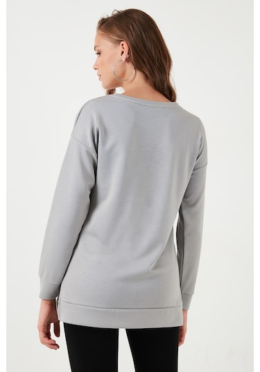 Lela Streç Oversize Fit Bisiklet Yaka Modal Kumaş Bayan Sweat 5865877 Gri