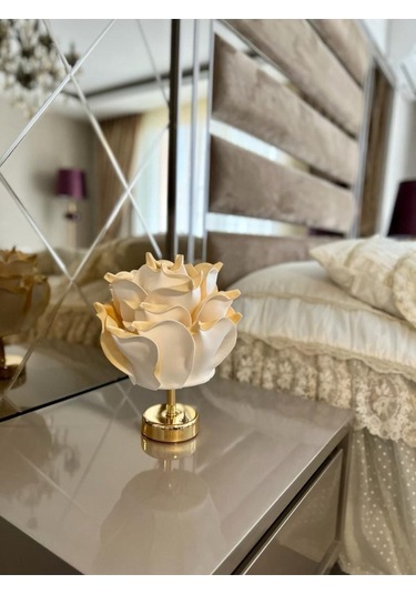 Dekor Yapay Eva Çiçeği Kablosuz Masa Lambası Üst Gold-alt Parlak Gold 9v Pil 75-90 Saat