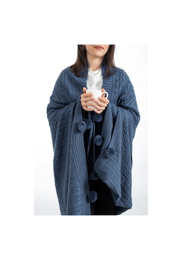 Ponponlu Triko Örme Tv Battaniyesi Koltuk & Omuz Şalı & Diz Battaniyesi 130x170 Cm - İndigo Indigo