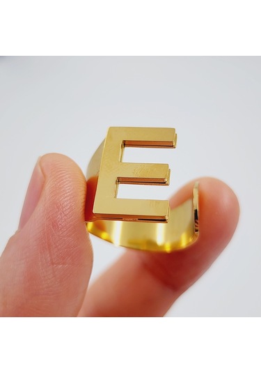 Çelik Gold Düz Kesim Harf Yüzük -e Harfi- Ayarlı Ölçü-1892