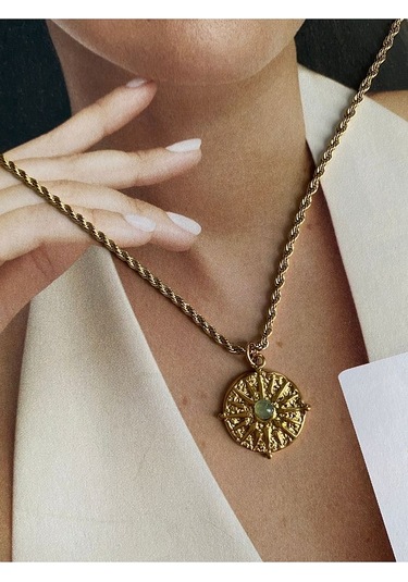 Su Yeşili Taşlı Kutup Yıldızı Gold Paslanmaz Çelik Kadın Kolye Altın